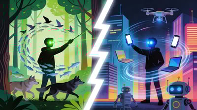Ilustración dividida: persona comandando animales en un bosque contra persona controlando tecnología en una ciudad