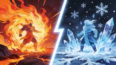 Ilustración dividida: figura conjurando llamas y lava contra figura congelando todo con cristales de hielo