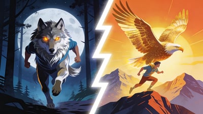 Ilustración dividida: persona transformándose en un lobo en un bosque iluminado por la luna contra persona transformándose en un águila sobre las montañas