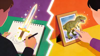 Ilustración dividida: artista dibujando una espada que se materializa contra persona tocando una foto mientras un dinosaurio sale