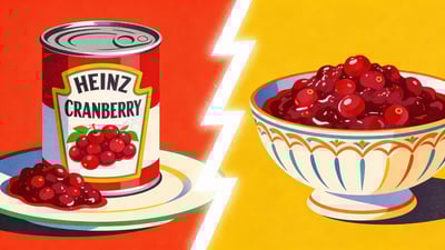 Ilustrație împărțită: sos de merișoare din conservă pe farfurie versus sos de merișoare de casă în bol elegant