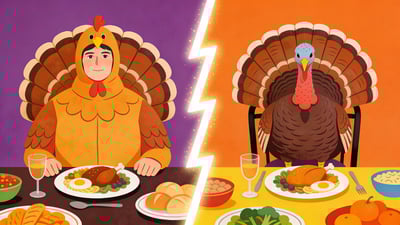 Ilustrație împărțită: o persoană purtând un costum complet de curcan la masă versus un curcan viu stând pe un scaun la cină