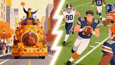 Ilustrație împărțită: o persoană pe un car alegoric la paradă versus o persoană jucând fotbal cu jucători NFL