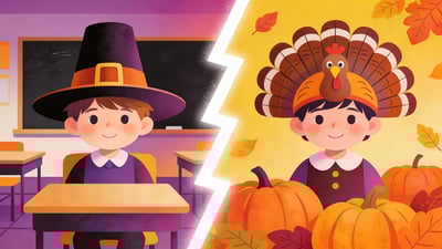 Ilustrație împărțită: un copil cu o pălărie mare de pelerin la școală versus un copil cu o pălărie amuzantă de curcan cu pene