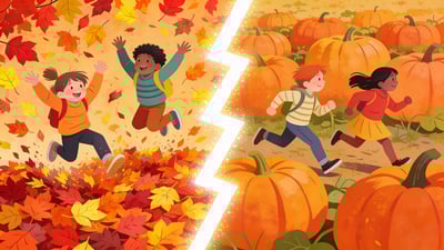 Ilustrație împărțită: copii sărind într-o grămadă colorată de frunze de toamnă versus copii alergând printr-un câmp uriaș de dovleci