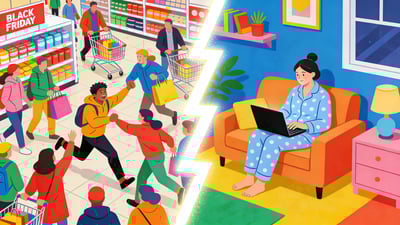 Ilustrație împărțită: o persoană luptându-se cu mulțimile la un magazin de Black Friday versus o persoană cumpărând calm online în pijamale