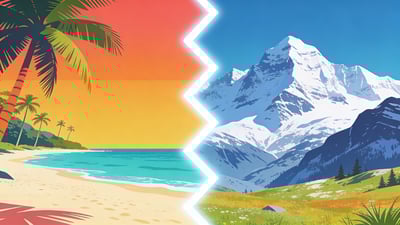 Разделённая иллюстрация: тропический пляж с бирюзовой водой против заснеженных горных вершин
