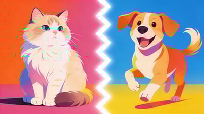 Разделённая иллюстрация: милый пушистый кот против весёлого энергичного пса