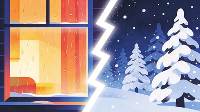 Разделённая иллюстрация: уютный дождливый день против волшебного снежного пейзажа