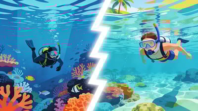 Разделённая иллюстрация: водолаз под водой у кораллового рифа против ныряльщика с маской на поверхности