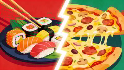 Разделённая иллюстрация: красочные суши-роллы против аппетитной пиццы с расплавленным сыром