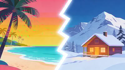 Ilustración dividida: una playa tropical con agua turquesa y palmeras versus una acogedora cabaña en montañas nevadas