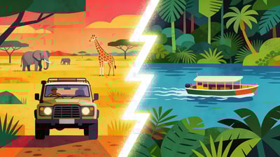 Ilustración dividida: un jeep en una sabana africana con elefantes y jirafas versus un barco navegando por un denso río tropical