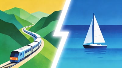 Ilustración dividida: un tren serpenteando por valles de montañas verdes versus un velero en aguas oceánicas azules y calmadas