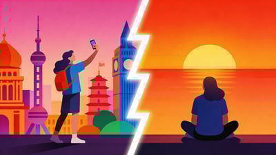 Ilustración dividida: una persona sacándose selfies en monumentos con un teléfono versus una persona sentada pacíficamente viendo un atardecer sin ningún dispositivo