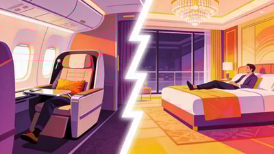 Ilustración dividida: una persona relajándose en un espacioso asiento de primera clase de avión versus una persona descansando en una extravagante suite de hotel