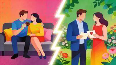 Split illustration: couple sharing chocolate on a cozy couch versus couple exchanging love letters in a garden