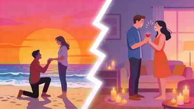 Split illustration: sunset proposal on a beach versus surprise proposal at home surrounded by candles