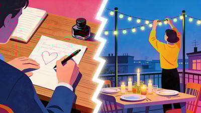 Split illustration: person writing a heartfelt letter at a wooden desk versus person arranging a rooftop dinner with string lights