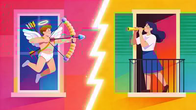 Split illustration: person dressed as cupid shooting foam arrows versus person serenading from a balcony with a kazoo