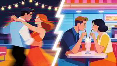 Split illustration: couple dancing close under string lights versus couple sharing a milkshake with two straws at a diner