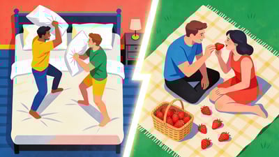 Split illustration: couple having a pillow fight in a bedroom versus couple feeding each other strawberries on a blanket