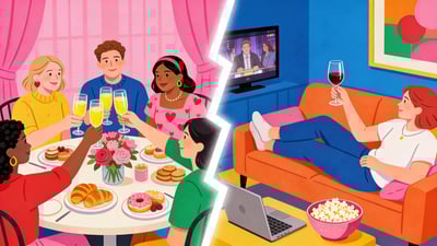 Split illustration: group of friends toasting at a Galentine's brunch versus person relaxing alone with wine and a movie