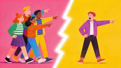 Split illustration: a group of friends all pointing in the same direction versus one lone person pointing the opposite way with a shocked face