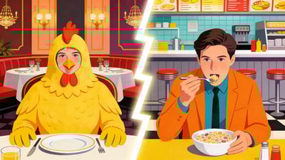 Split illustration: someone wearing a chicken costume at a fancy restaurant versus someone eating cereal with a fork at a diner