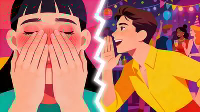 Split illustration: someone blushing and covering their face with their hands versus someone confidently sharing a bold secret at a party