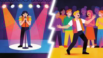 Split illustration: someone nervously singing karaoke alone on stage versus someone confidently doing a terrible dance in front of a crowd