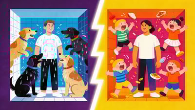 Split illustration: a person surrounded by excited wet dogs in a small space versus a person surrounded by screaming toddlers throwing food