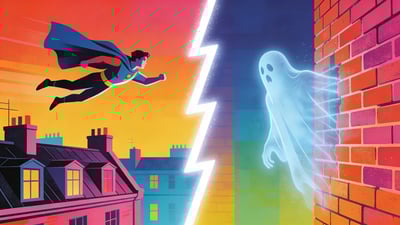 Illustration partagée : silhouette volant au-dessus des toits versus silhouette fantomatique traversant un mur