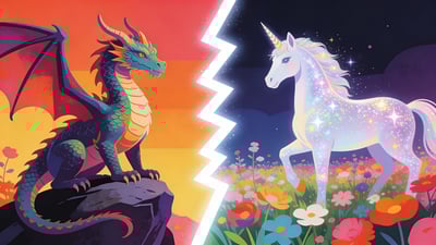 Illustration partagée : dragon majestueux sur un rocher versus licorne étincelante dans un champ de fleurs