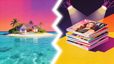 Illustration partagée : île privée tropicale versus pile de couvertures de magazines avec projecteurs