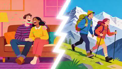 Split illustration: a couple laughing on a cozy couch versus a couple on an adventurous hike through mountains