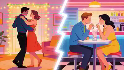 Split illustration: a couple slow-dancing in a living room with fairy lights versus a couple sharing a milkshake at a retro diner