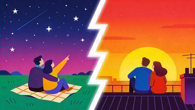 Split illustration: a couple stargazing on a blanket in a field versus a couple watching a sunset from a rooftop