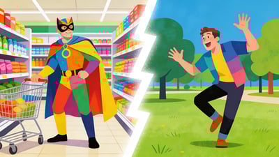 Split illustration: a man wearing a ridiculous superhero costume at the grocery store versus a man doing a silly dance in the middle of a park