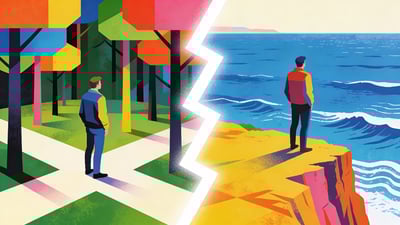 Split illustration: a man standing at a crossroads in a forest versus a man looking out over a vast ocean from a cliff
