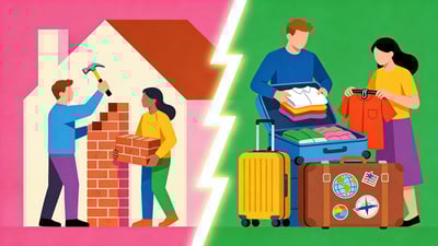 Split illustration: a couple building a house together versus a couple packing suitcases fsau a round-the-world trip