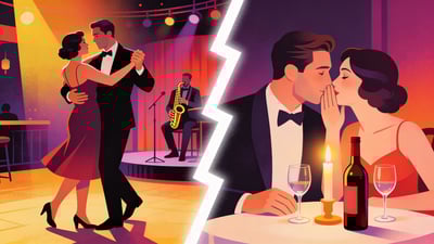 Split illustration: a couple dancing close at a dimly lit jazz bar versus a couple whispering to each other by candlelight at dinner