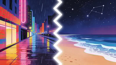 Podzielona ilustracja: romantyczne deszczowe miasto nocą kontra gwiaździste niebo nad spokojną plażą