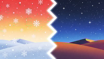 Podzielona ilustracja: zaśnieżona zimowa scena z płatkami śniegu kontra czyste gwiaździste niebo nocą