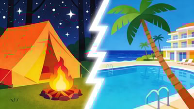 Podzielona ilustracja: namiot z ogniskiem w lesie kontra luksusowy basen w resorcie z palmami