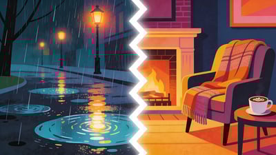 Podzielona ilustracja: deszczowa scena z kałużami i latarniami kontra przytulny kominek z kocami