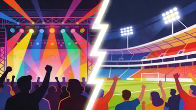 Ilustrasi terpisah: panggung konser semarak dengan lampu versus stadion olahraga dengan lampu sorot