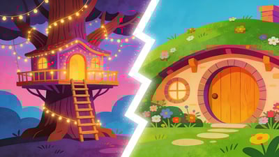 Ilustrasi terpisah: rumah pohon ajaib dengan lampu peri versus pintu hobbit nyaman di lereng bukit hijau