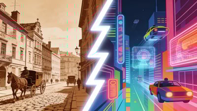 Ilustrasi terpisah: kota tua vintage dengan kereta kuda versus kota neon futuristik