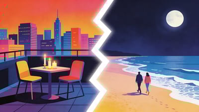 Podijeljena ilustracija: romantična večera uz svijeće na krovu za dvoje nasuprot šetnji u svjetlu mjeseca po mirnoj plaži
